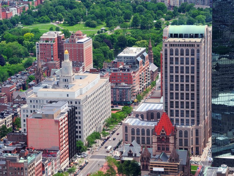 Boston downtown aerial view with historical architecture, street and city skyline.
